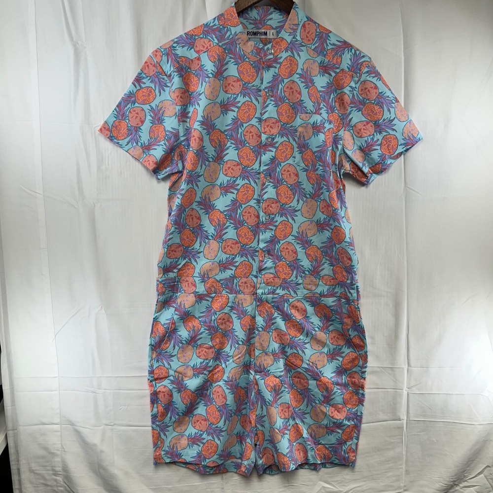 Romphim Pineapple Romper Mens Large Blue Pina Colada Tropical Short Sleeve